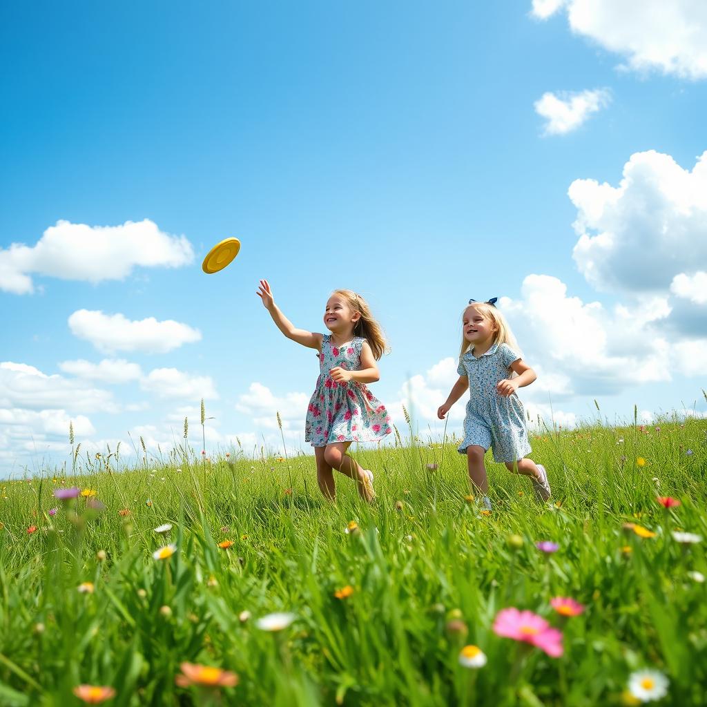 A serene and picturesque landscape with a boy and a girl playing frisbee in a sunlit meadow