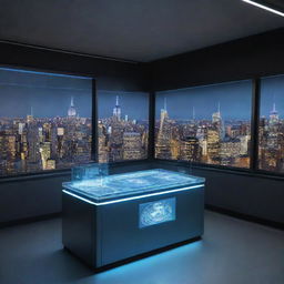 An advanced scientific lab with a sleek time machine displaying the inner view of New York City through its holographic interface.