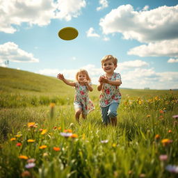 A serene and picturesque landscape with a boy and a girl playing frisbee in a sunlit meadow