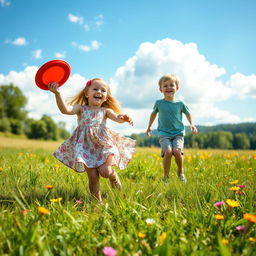 A serene and picturesque landscape with a boy and a girl playing frisbee in a sunlit meadow