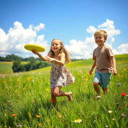 A serene and picturesque landscape with a boy and a girl playing frisbee in a sunlit meadow