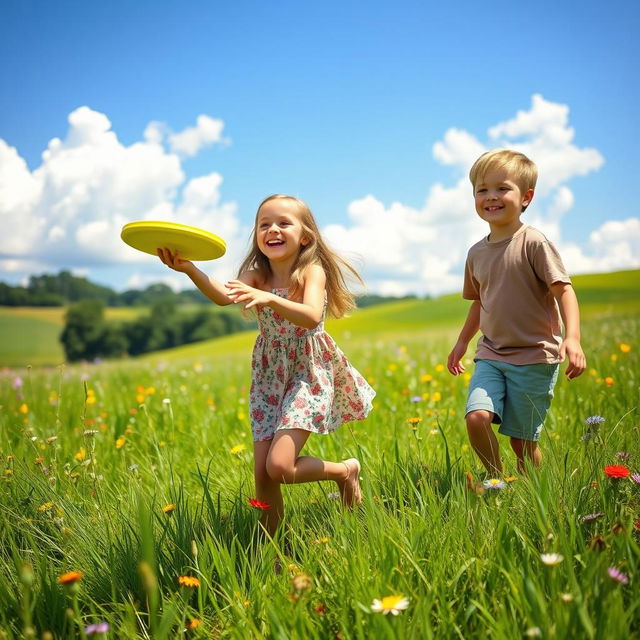 A serene and picturesque landscape with a boy and a girl playing frisbee in a sunlit meadow