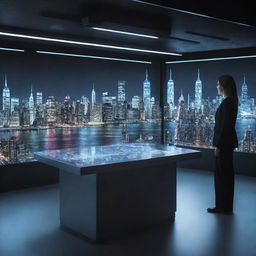 An advanced scientific lab with a sleek time machine displaying the inner view of New York City through its holographic interface.