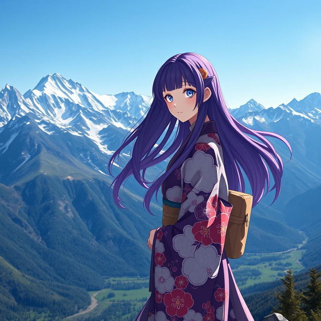 A full-length girl with fair skin, long flowing purple hair, and striking white eyes, dressed in an elegant kimono