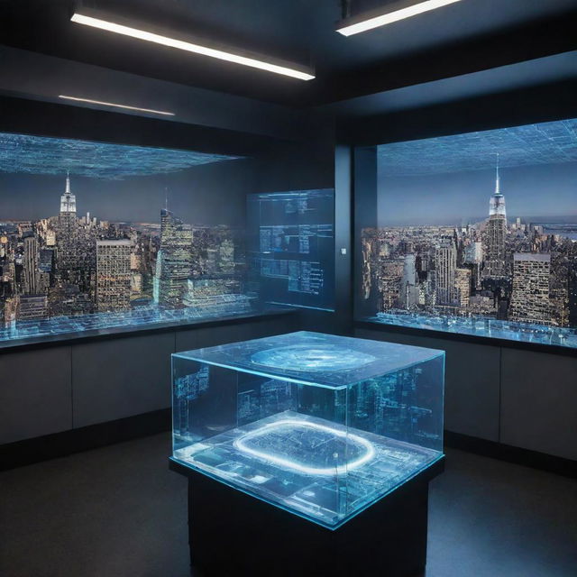 An advanced scientific lab with a sleek time machine displaying the inner view of New York City through its holographic interface.