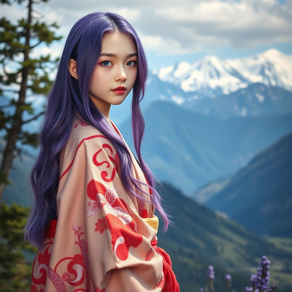 A full-length portrait of a girl with fair skin and long purple hair cascading down her back