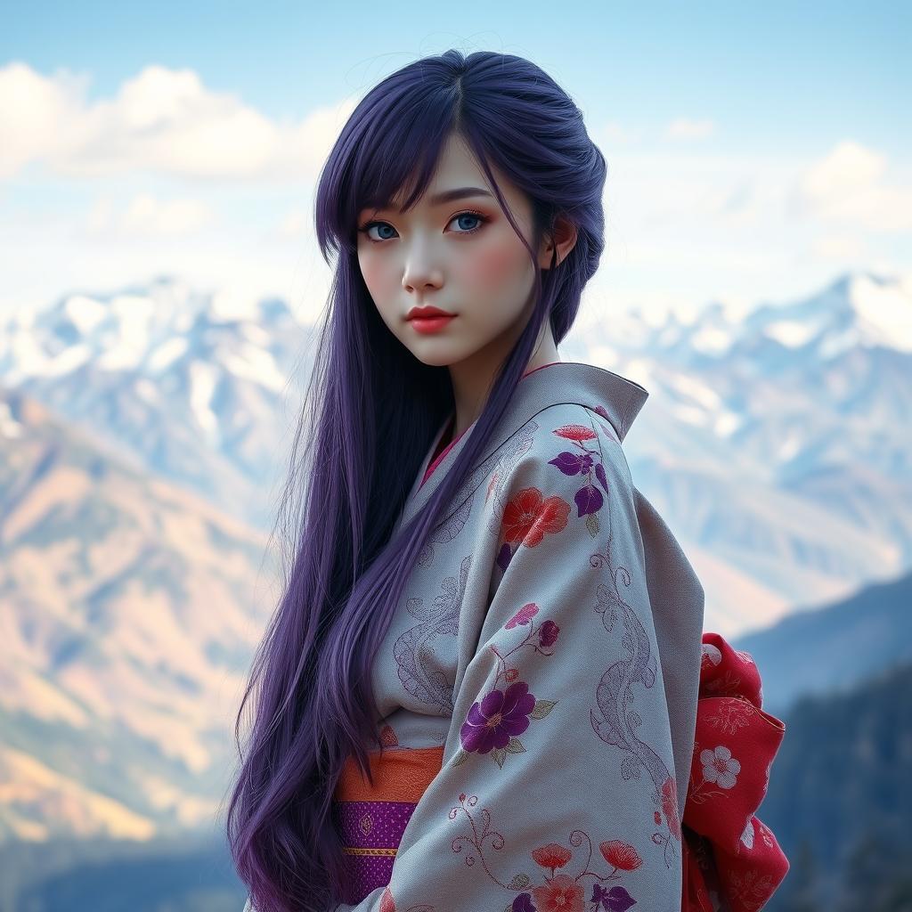 A full-length portrait of a girl with fair skin and long purple hair cascading down her back