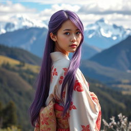 A full-length portrait of a girl with fair skin and long purple hair cascading down her back