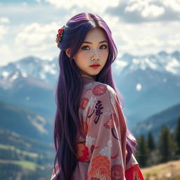 A full-length portrait of a girl with fair skin and long purple hair cascading down her back