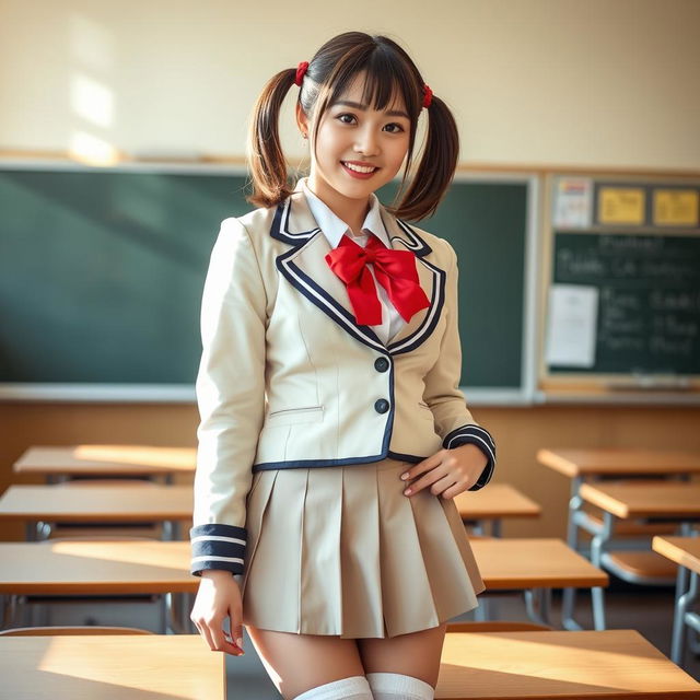 A young adult woman in a school girl cosplay outfit