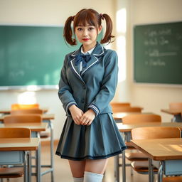 A young adult woman in a school girl cosplay outfit