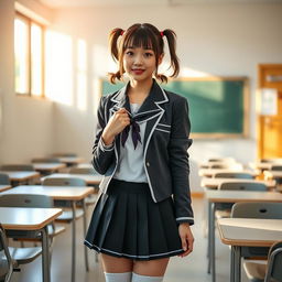 A young adult woman in a school girl cosplay outfit