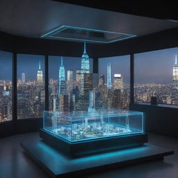 An advanced scientific lab with a sleek time machine displaying the inner view of New York City through its holographic interface.