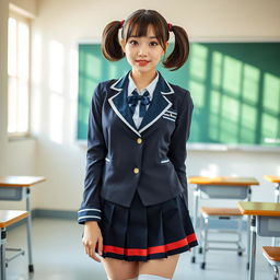 A young adult woman in a school girl cosplay outfit