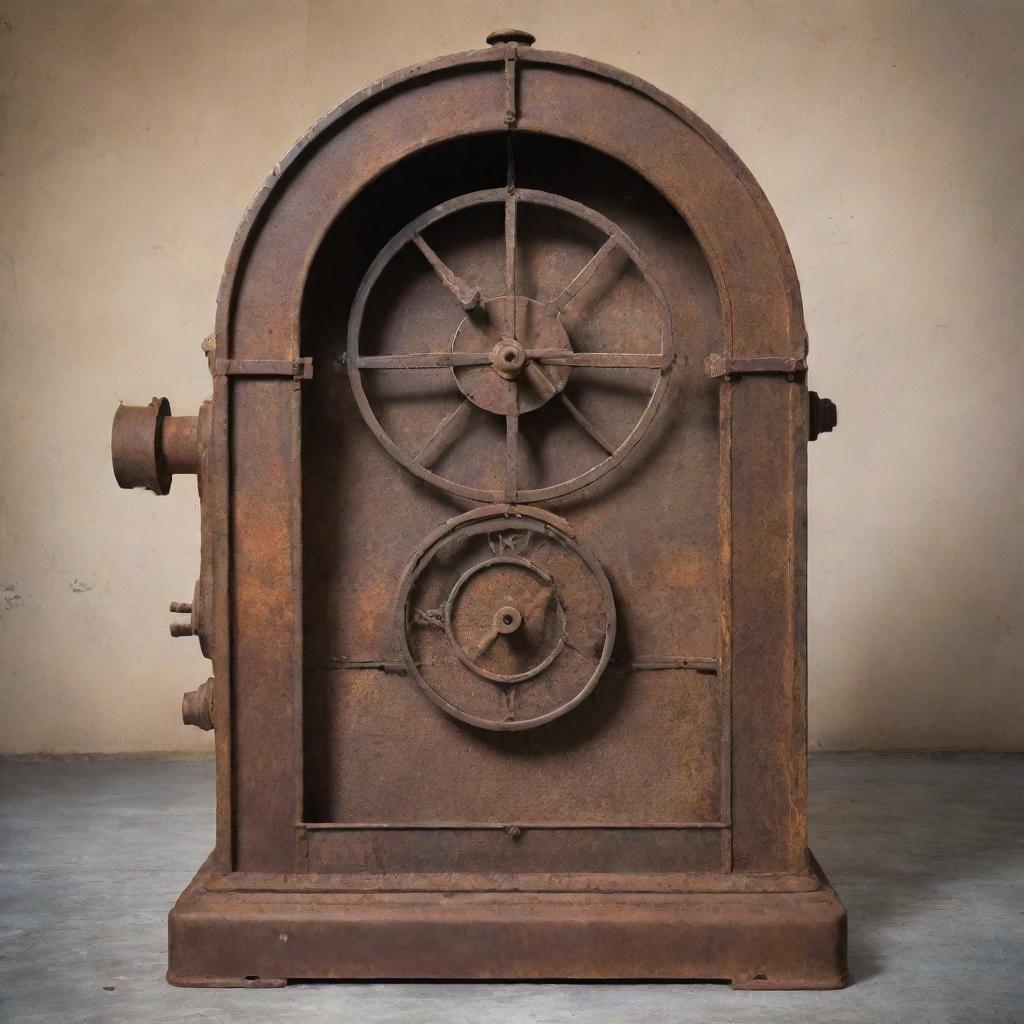 A vintage time machine constructed from rusty, weathered metal, hinting at a history of time exploration.