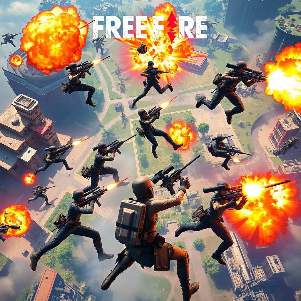 Epic battle scene from the popular battle royale game Free Fire, showcasing multiple players in intense combat, using a variety of weapons and gadgets, dynamic action poses, bustling environment, vivid explosions, urban and rural landscapes combined, showcasing the diverse game maps, bright colors highlighting the energy and excitement of the game