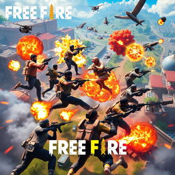 Epic battle scene from the popular battle royale game Free Fire, showcasing multiple players in intense combat, using a variety of weapons and gadgets, dynamic action poses, bustling environment, vivid explosions, urban and rural landscapes combined, showcasing the diverse game maps, bright colors highlighting the energy and excitement of the game