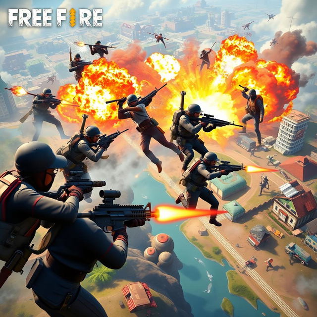 Epic battle scene from the popular battle royale game Free Fire, showcasing multiple players in intense combat, using a variety of weapons and gadgets, dynamic action poses, bustling environment, vivid explosions, urban and rural landscapes combined, showcasing the diverse game maps, bright colors highlighting the energy and excitement of the game