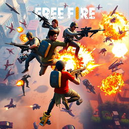 Epic battle scene from the popular battle royale game Free Fire, showcasing multiple players in intense combat, using a variety of weapons and gadgets, dynamic action poses, bustling environment, vivid explosions, urban and rural landscapes combined, showcasing the diverse game maps, bright colors highlighting the energy and excitement of the game