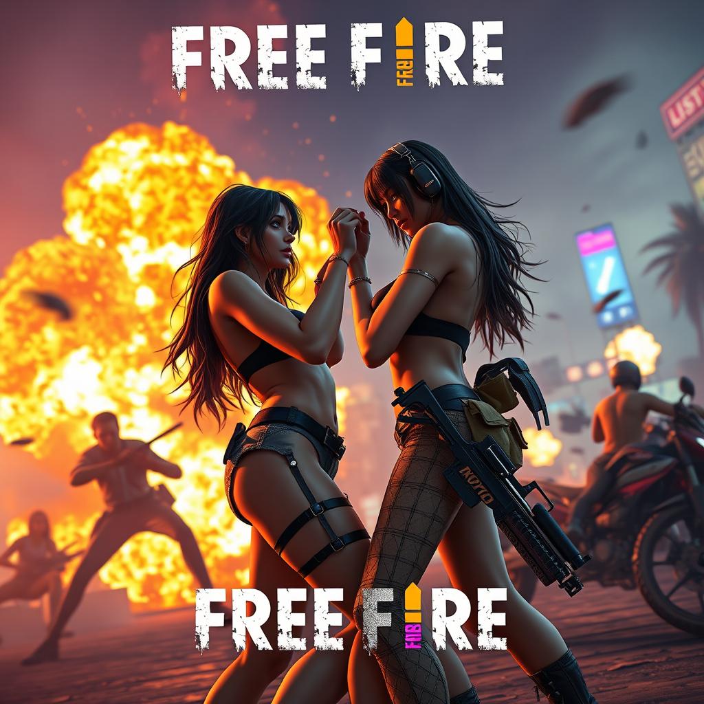 Sensual and intense battle royale scene inspired by Free Fire, featuring attractive avatars engaging in suggestive but tasteful combat scenarios, wearing edgy and stylish outfits, incorporating a mix of urban and tropical settings, dynamic action poses mixed with flirtatious interactions, vibrant explosions in the background, maintaining a balance between action and allure