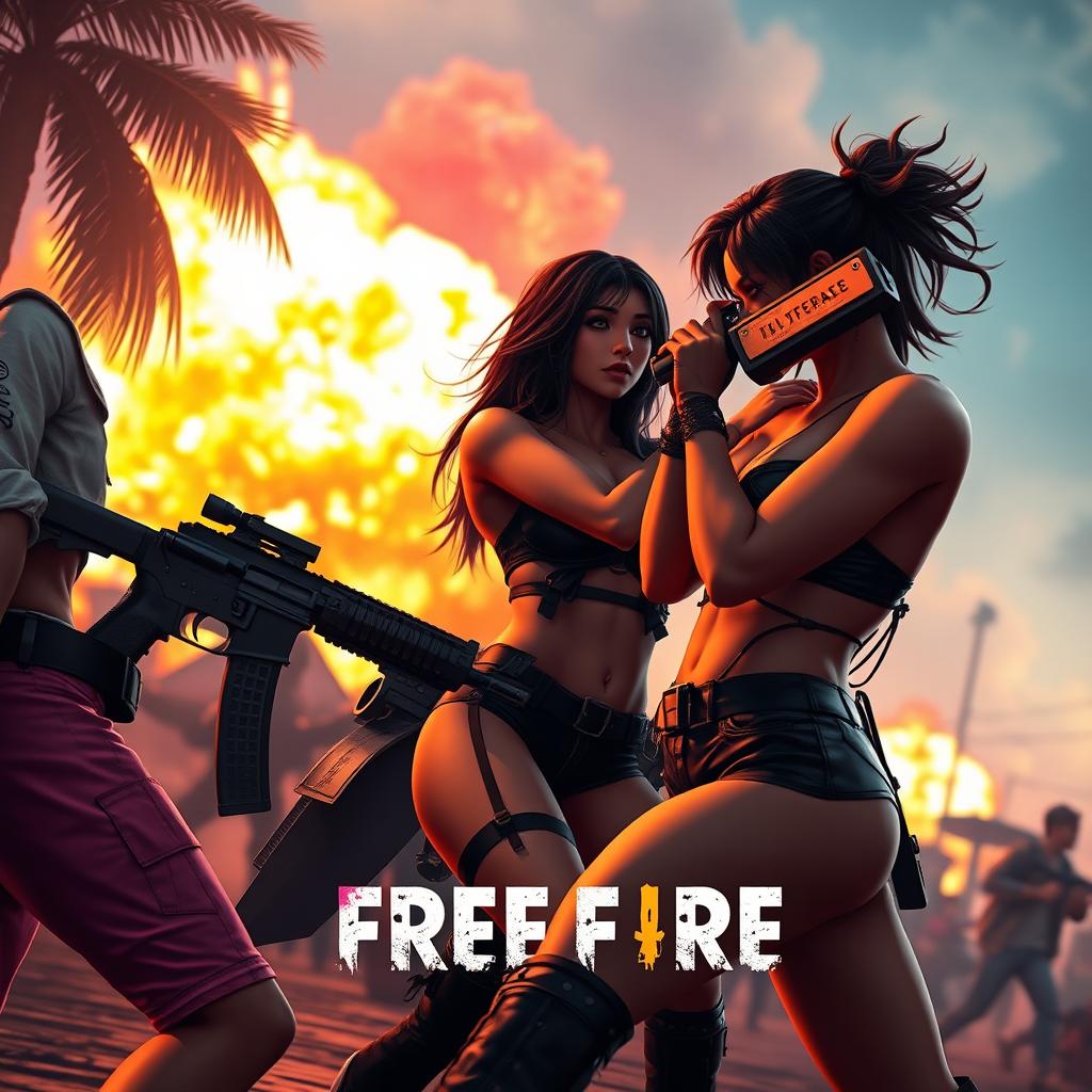 Sensual and intense battle royale scene inspired by Free Fire, featuring attractive avatars engaging in suggestive but tasteful combat scenarios, wearing edgy and stylish outfits, incorporating a mix of urban and tropical settings, dynamic action poses mixed with flirtatious interactions, vibrant explosions in the background, maintaining a balance between action and allure