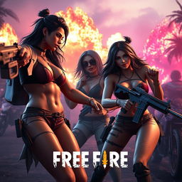 Sensual and intense battle royale scene inspired by Free Fire, featuring attractive avatars engaging in suggestive but tasteful combat scenarios, wearing edgy and stylish outfits, incorporating a mix of urban and tropical settings, dynamic action poses mixed with flirtatious interactions, vibrant explosions in the background, maintaining a balance between action and allure