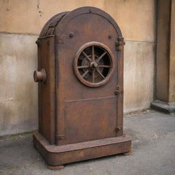 A vintage time machine constructed from rusty, weathered metal, hinting at a history of time exploration.