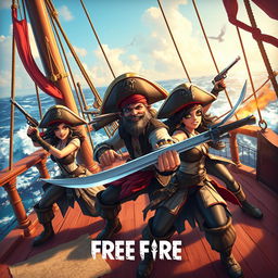 A thrilling pirate-themed battle scene inspired by Free Fire, featuring swashbuckling avatars with an edgy and adventurous flair, battling on a vibrant pirate ship deck, characters sporting stylish pirate hats, swords, and pistols, ocean waves crashing in the background, incorporating elements of treasure maps and tropical islands, striking a balance between adventure and flirtatious undertones