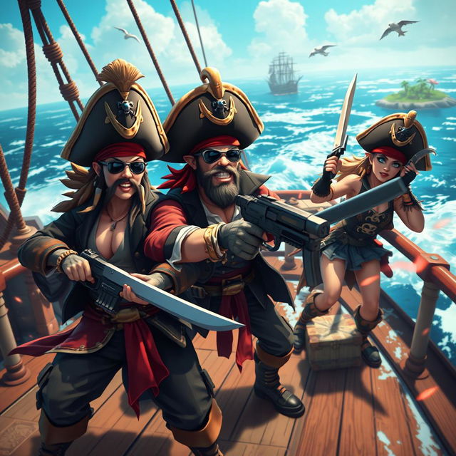 A thrilling pirate-themed battle scene inspired by Free Fire, featuring swashbuckling avatars with an edgy and adventurous flair, battling on a vibrant pirate ship deck, characters sporting stylish pirate hats, swords, and pistols, ocean waves crashing in the background, incorporating elements of treasure maps and tropical islands, striking a balance between adventure and flirtatious undertones