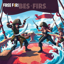 A thrilling pirate-themed battle scene inspired by Free Fire, featuring swashbuckling avatars with an edgy and adventurous flair, battling on a vibrant pirate ship deck, characters sporting stylish pirate hats, swords, and pistols, ocean waves crashing in the background, incorporating elements of treasure maps and tropical islands, striking a balance between adventure and flirtatious undertones