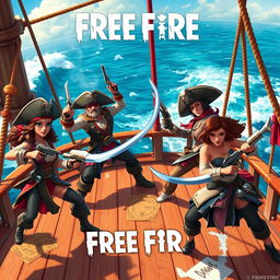 A thrilling pirate-themed battle scene inspired by Free Fire, featuring swashbuckling avatars with an edgy and adventurous flair, battling on a vibrant pirate ship deck, characters sporting stylish pirate hats, swords, and pistols, ocean waves crashing in the background, incorporating elements of treasure maps and tropical islands, striking a balance between adventure and flirtatious undertones