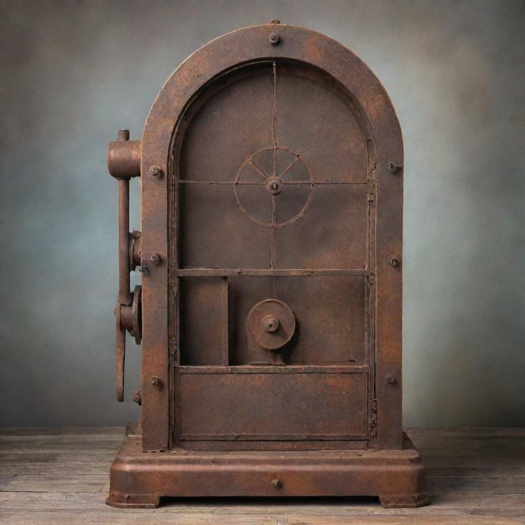 A vintage time machine constructed from rusty, weathered metal, hinting at a history of time exploration.