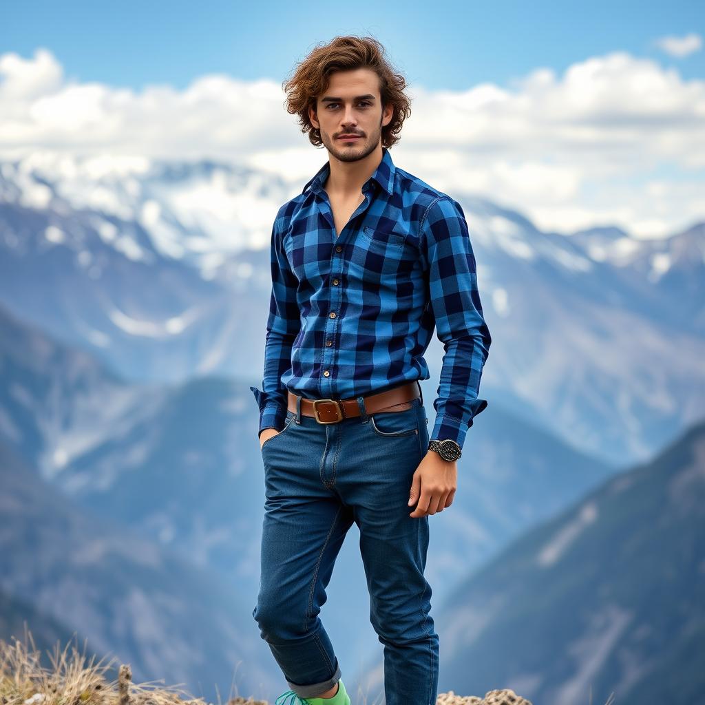 A 25-year-old man with a thin build, standing proudly against the backdrop of the majestic Altai mountains