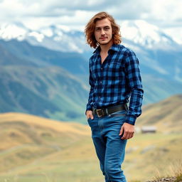 A 25-year-old man with a thin build, standing proudly against the backdrop of the majestic Altai mountains