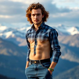 A 25-year-old man with a thin build, standing proudly against the backdrop of the majestic Altai mountains