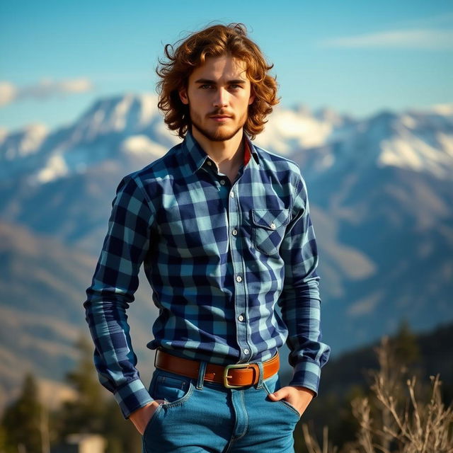 A 25-year-old man with a thin build, standing proudly against the backdrop of the majestic Altai mountains