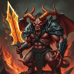 A powerful and evil demon with bulging muscles, wearing an infernal armor that seems to contain a spectral spirit