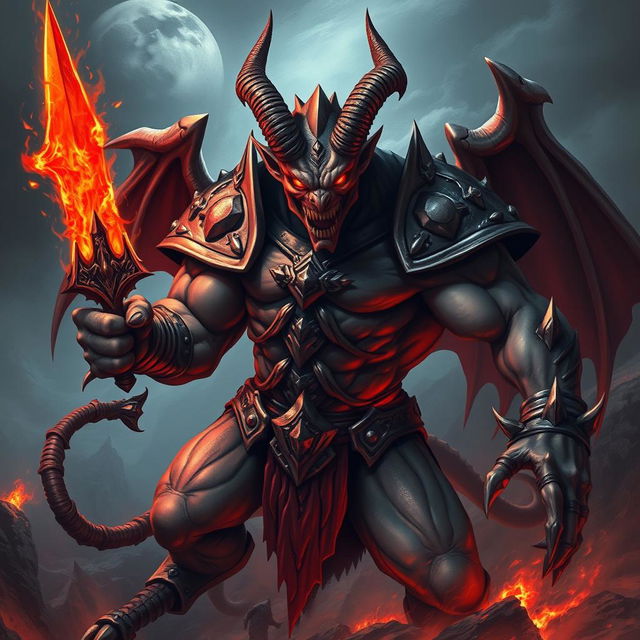 A powerful and evil demon with bulging muscles, wearing an infernal armor that seems to contain a spectral spirit