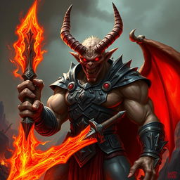 A powerful and evil demon with bulging muscles, wearing an infernal armor that seems to contain a spectral spirit