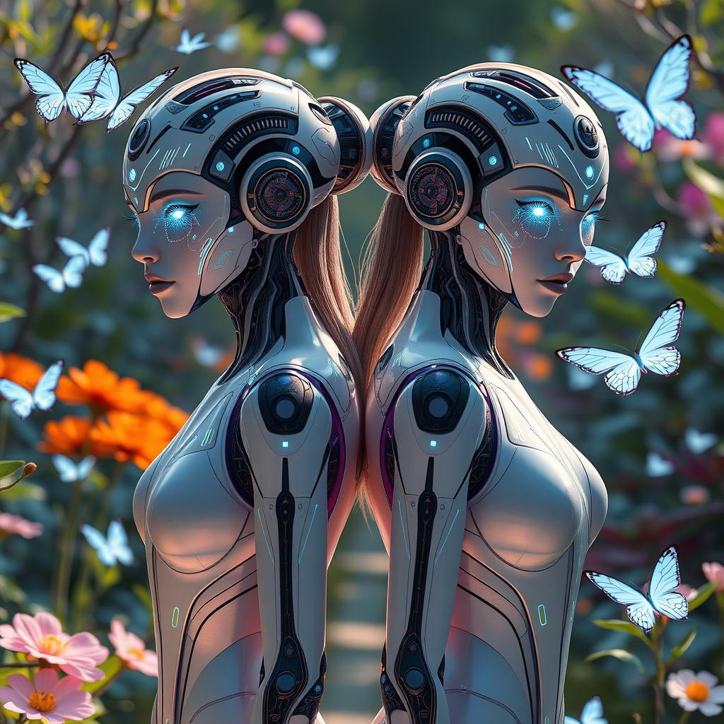 beautiful futuristic AI girls with intricate robotic features, glowing digital patterns on their skin, and luminescent eyes