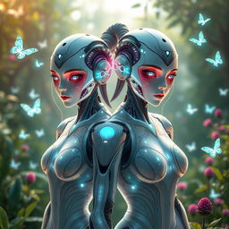 beautiful futuristic AI girls with intricate robotic features, glowing digital patterns on their skin, and luminescent eyes