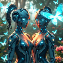 beautiful futuristic AI girls with intricate robotic features, glowing digital patterns on their skin, and luminescent eyes