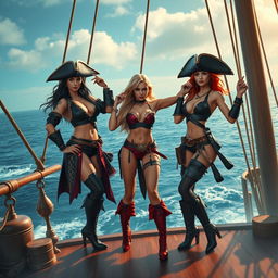 Sexy pirate-themed battle scene inspired by Free Fire, featuring alluring avatars with a captivating and adventurous aura, adorned in stylish pirate attire with a modern twist, on the deck of a grand pirate ship, surrounded by the open ocean, characters striking confident poses with an air of mystery and flirtation, elements of treasure and adventure integrated into the scene, creating a balance between charm and boldness