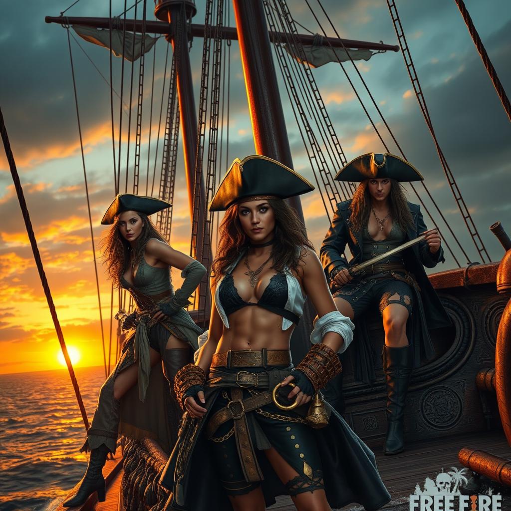 A realistic depiction of sexy pirates inspired by Free Fire, set on a grand pirate ship with intricate details, featuring alluring characters in modern pirate outfits, showcasing confident and charismatic expressions, surrounded by the vast ocean under a dramatic sunset, capturing the essence of adventure and seduction, elements of treasure and mystery integrated within the scene