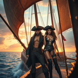 A realistic depiction of sexy pirates inspired by Free Fire, set on a grand pirate ship with intricate details, featuring alluring characters in modern pirate outfits, showcasing confident and charismatic expressions, surrounded by the vast ocean under a dramatic sunset, capturing the essence of adventure and seduction, elements of treasure and mystery integrated within the scene