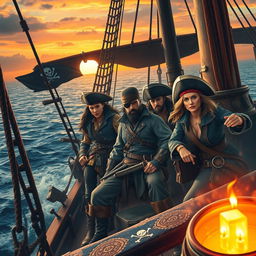 A realistic depiction of pirates inspired by Free Fire, set on a grand pirate ship with intricate details, featuring dynamic and adventurous characters in modern pirate outfits, showcasing confident and intense expressions, surrounded by the vast ocean under a vivid sunset, capturing the essence of adventure and camaraderie, elements of treasure and mystery integrated within the scene