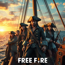 A realistic depiction of pirates inspired by Free Fire, set on a grand pirate ship with intricate details, featuring dynamic and adventurous characters in modern pirate outfits, showcasing confident and intense expressions, surrounded by the vast ocean under a vivid sunset, capturing the essence of adventure and camaraderie, elements of treasure and mystery integrated within the scene