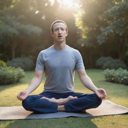 A realistic, shaded drawing of Mark Zuckerberg practicing yoga in a peaceful garden at sunrise, with a hint of focus and tranquility.