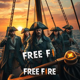 A realistic depiction of pirates inspired by Free Fire, set on a grand pirate ship with intricate details, featuring dynamic and adventurous characters in modern pirate outfits, showcasing confident and intense expressions, surrounded by the vast ocean under a vivid sunset, capturing the essence of adventure and camaraderie, elements of treasure and mystery integrated within the scene