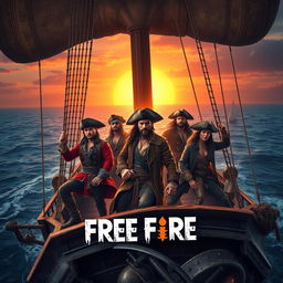 A realistic depiction of pirates inspired by Free Fire, set on a grand pirate ship with intricate details, featuring dynamic and adventurous characters in modern pirate outfits, showcasing confident and intense expressions, surrounded by the vast ocean under a vivid sunset, capturing the essence of adventure and camaraderie, elements of treasure and mystery integrated within the scene